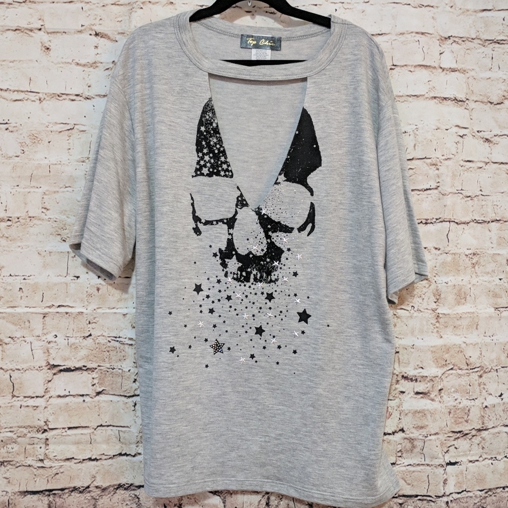  HP 5-20 Skull Stars Graphic Choker Vneck Tee - Picture 4 of 8
